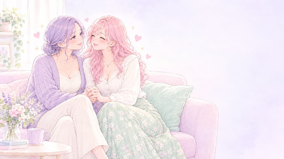 ソファで手をつなぐ2人の女性のイラスト