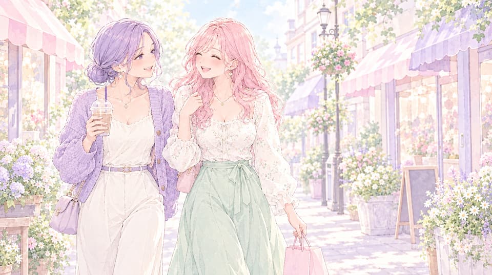買い物通りを並んで歩く2人の女性のイラスト