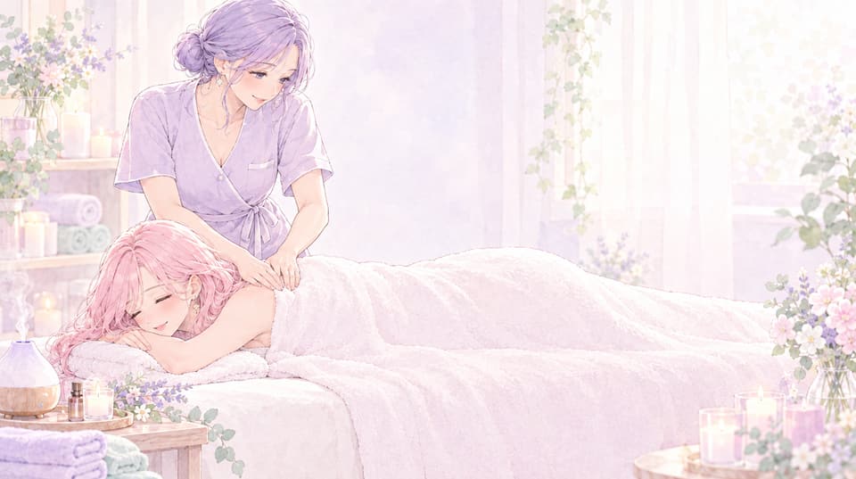 タオルをかけて横になった女性に、マッサージをする女性のイラスト