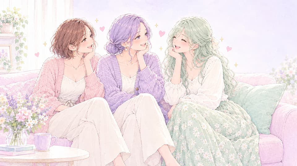 ソファで話す3人の女性のイラスト