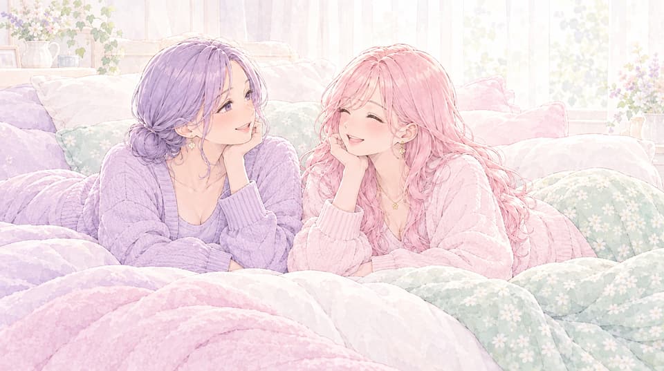 ベッドに並んで横になり、話をする2人の女性のイラスト