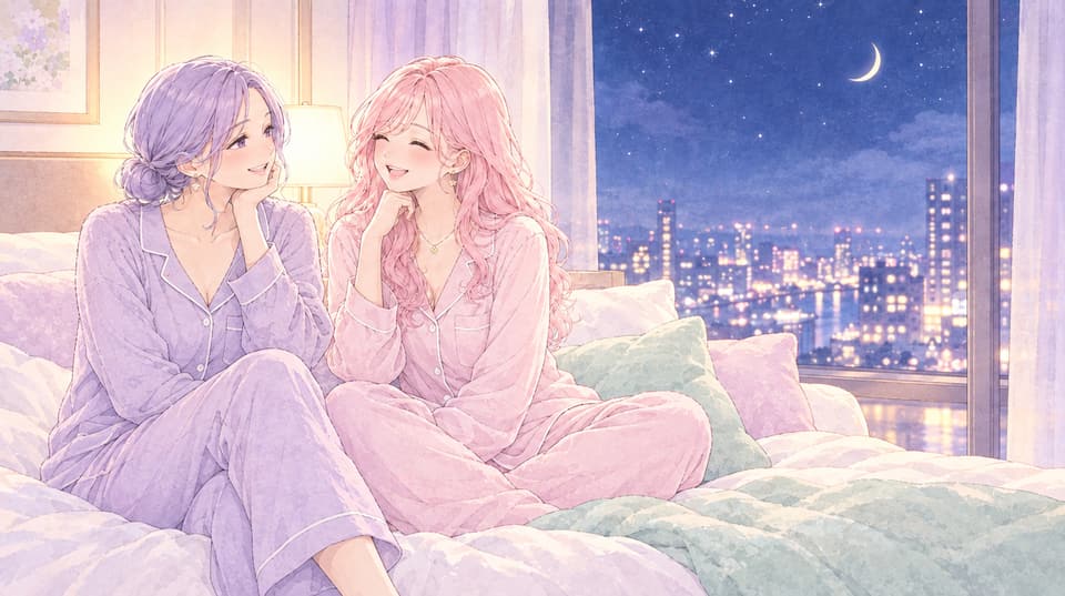 夜のホテルの部屋で、パジャマ姿で話す2人の女性のイラスト